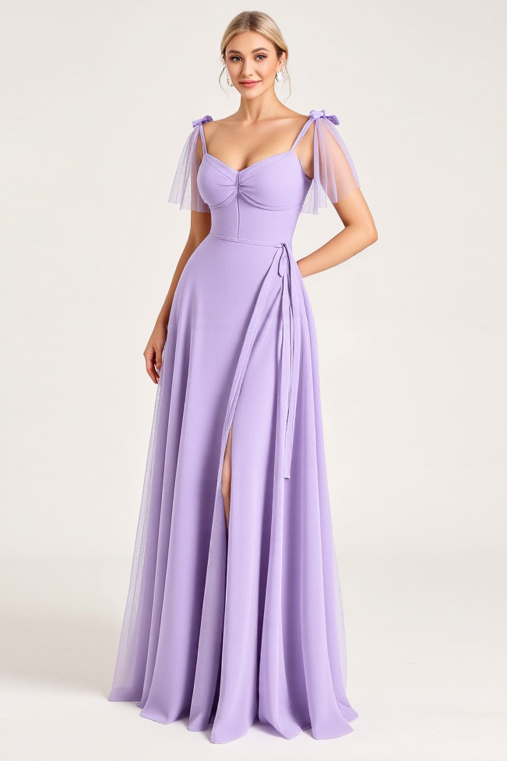 Chiffon Lilac A-Line Tie-up Shoulder Straps Long Bridesmaid Dress with Slit