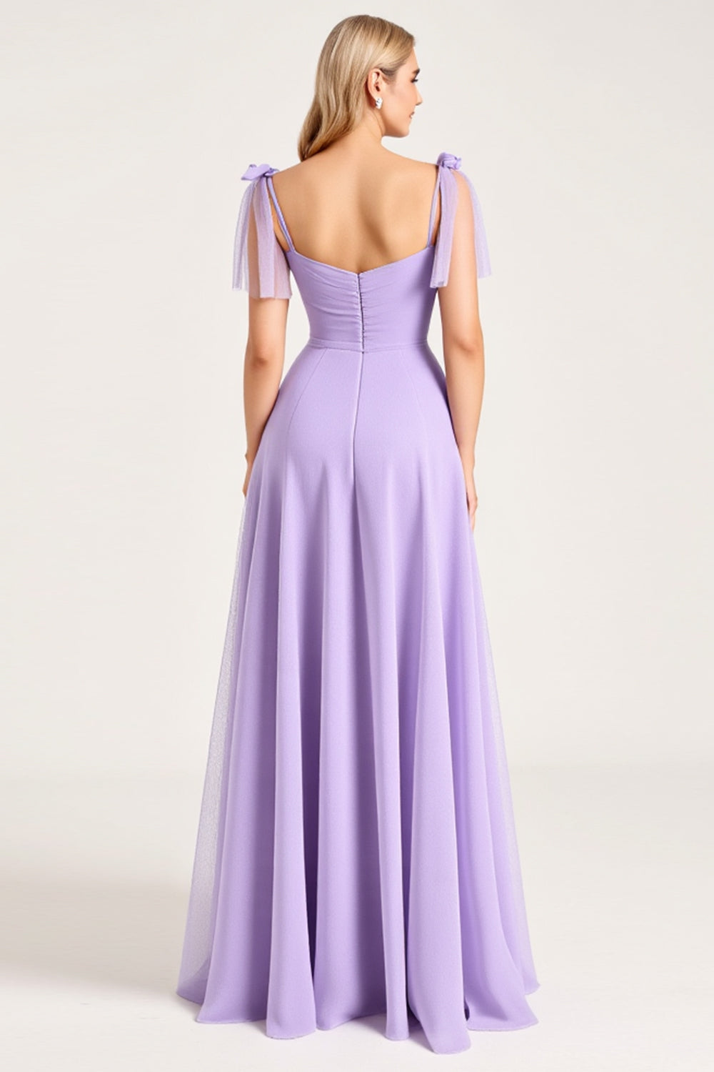 Chiffon Lilac A-Line Tie-up Shoulder Straps Long Bridesmaid Dress with Slit