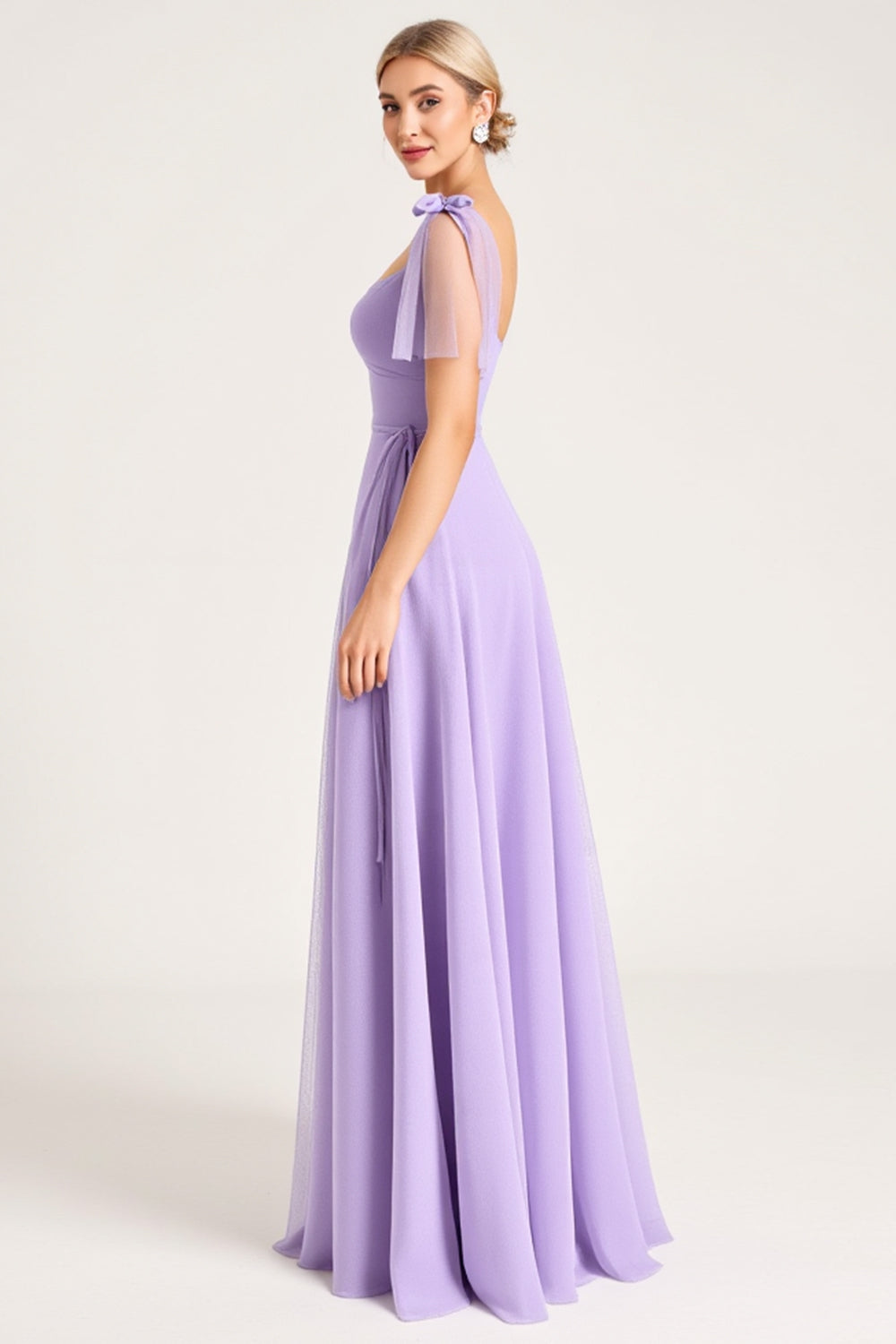 Chiffon Lilac A-Line Tie-up Shoulder Straps Long Bridesmaid Dress with Slit