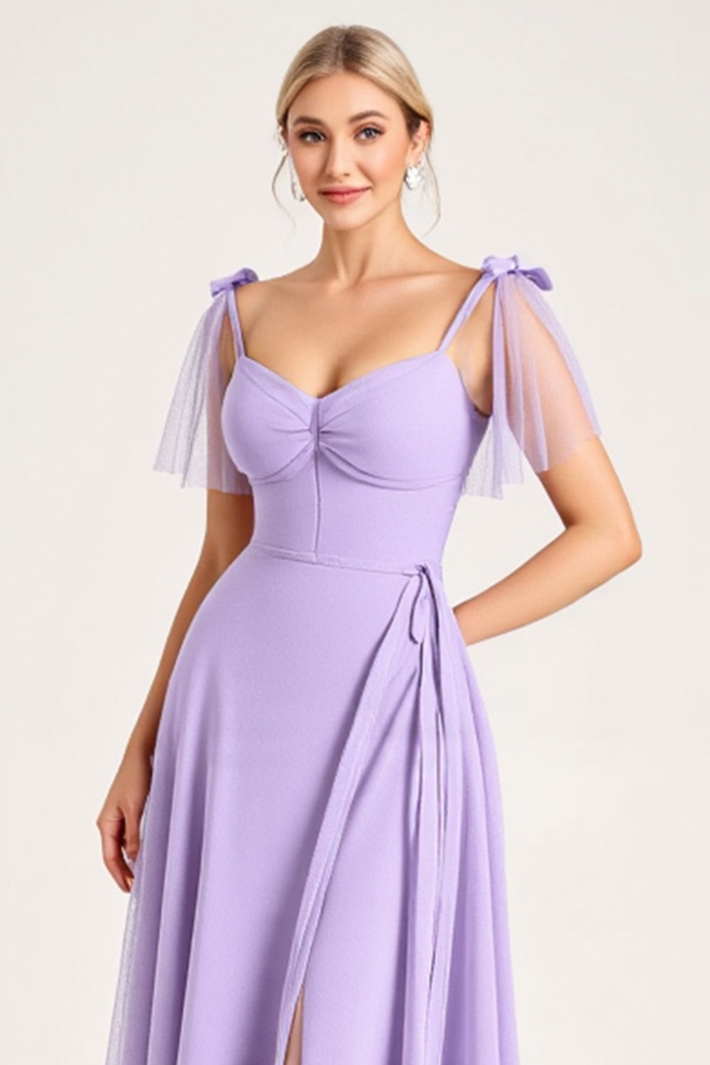 Chiffon Lilac A-Line Tie-up Shoulder Straps Long Bridesmaid Dress with Slit