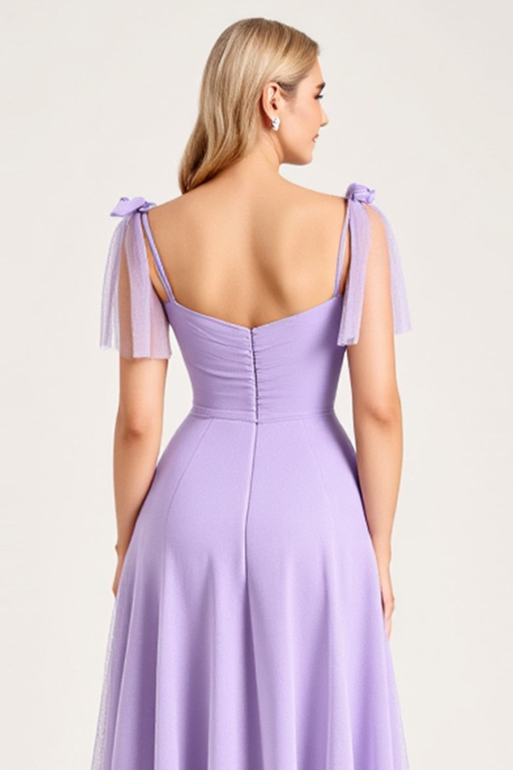 Chiffon Lilac A-Line Tie-up Shoulder Straps Long Bridesmaid Dress with Slit