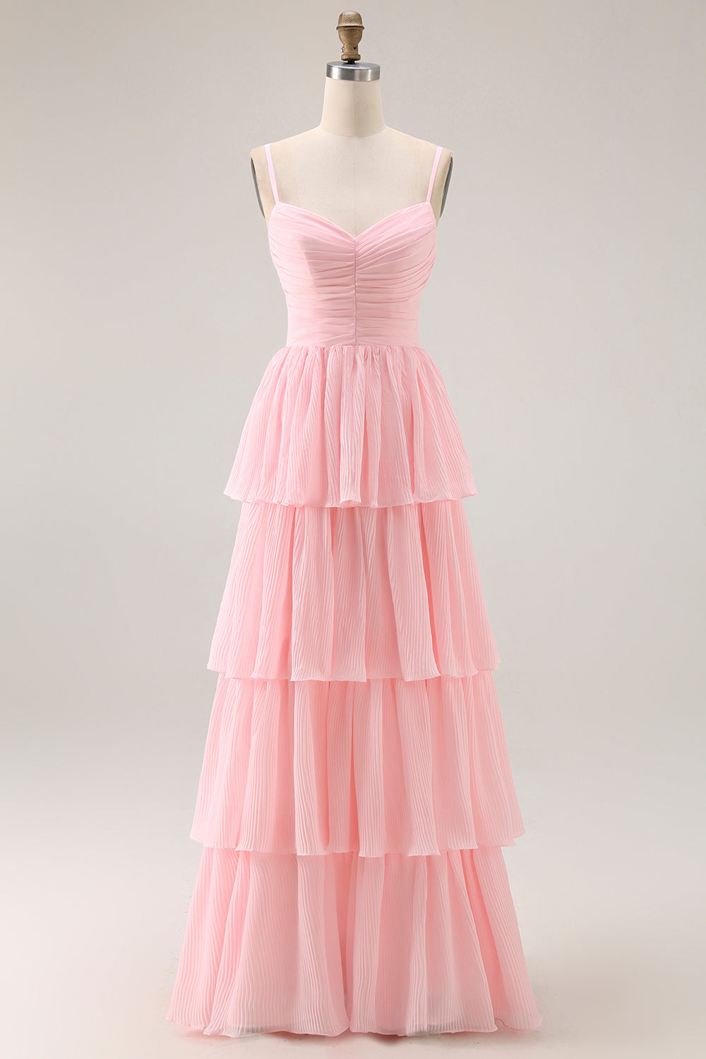 Candy Pink Spaghetti Straps A-Line Ruffled Long Bridesmaid Dress