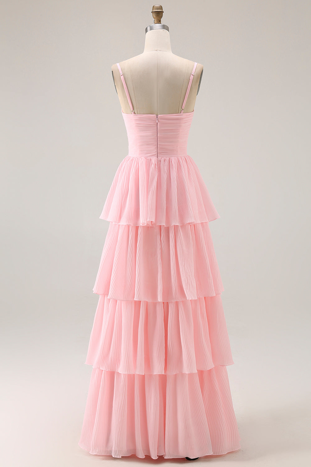 Candy Pink Spaghetti Straps A-Line Ruffled Long Bridesmaid Dress
