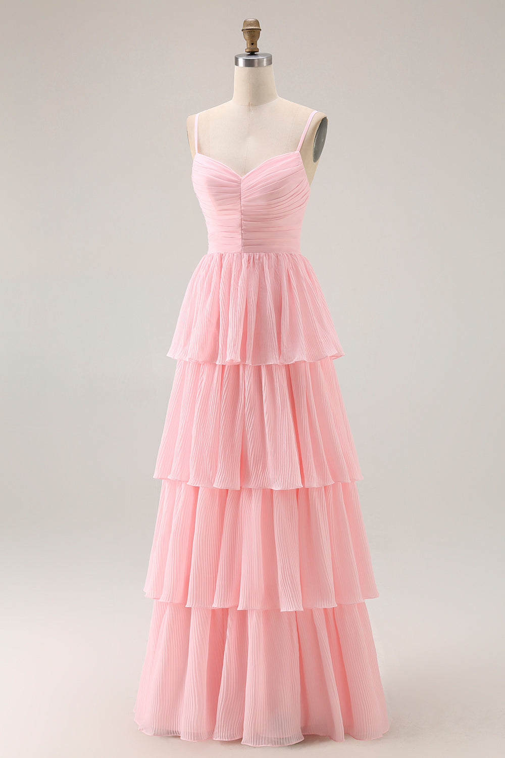 Candy Pink Spaghetti Straps A-Line Ruffled Long Bridesmaid Dress