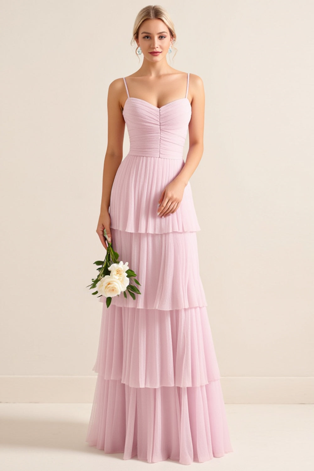 Candy Pink Spaghetti Straps A-Line Ruffled Long Bridesmaid Dress
