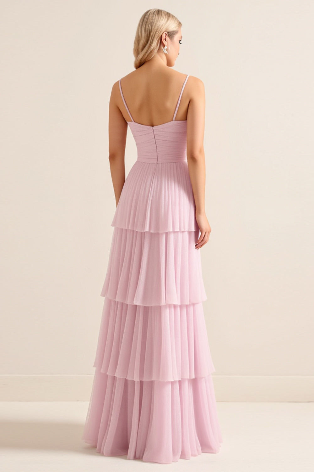Candy Pink Spaghetti Straps A-Line Ruffled Long Bridesmaid Dress