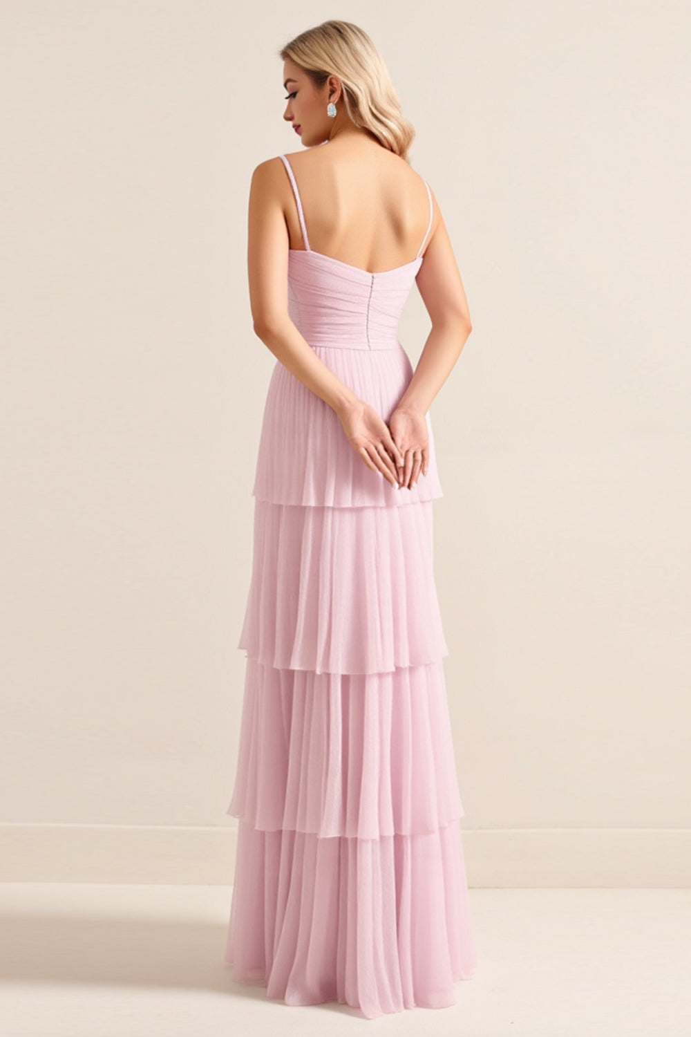 Candy Pink Spaghetti Straps A-Line Ruffled Long Bridesmaid Dress