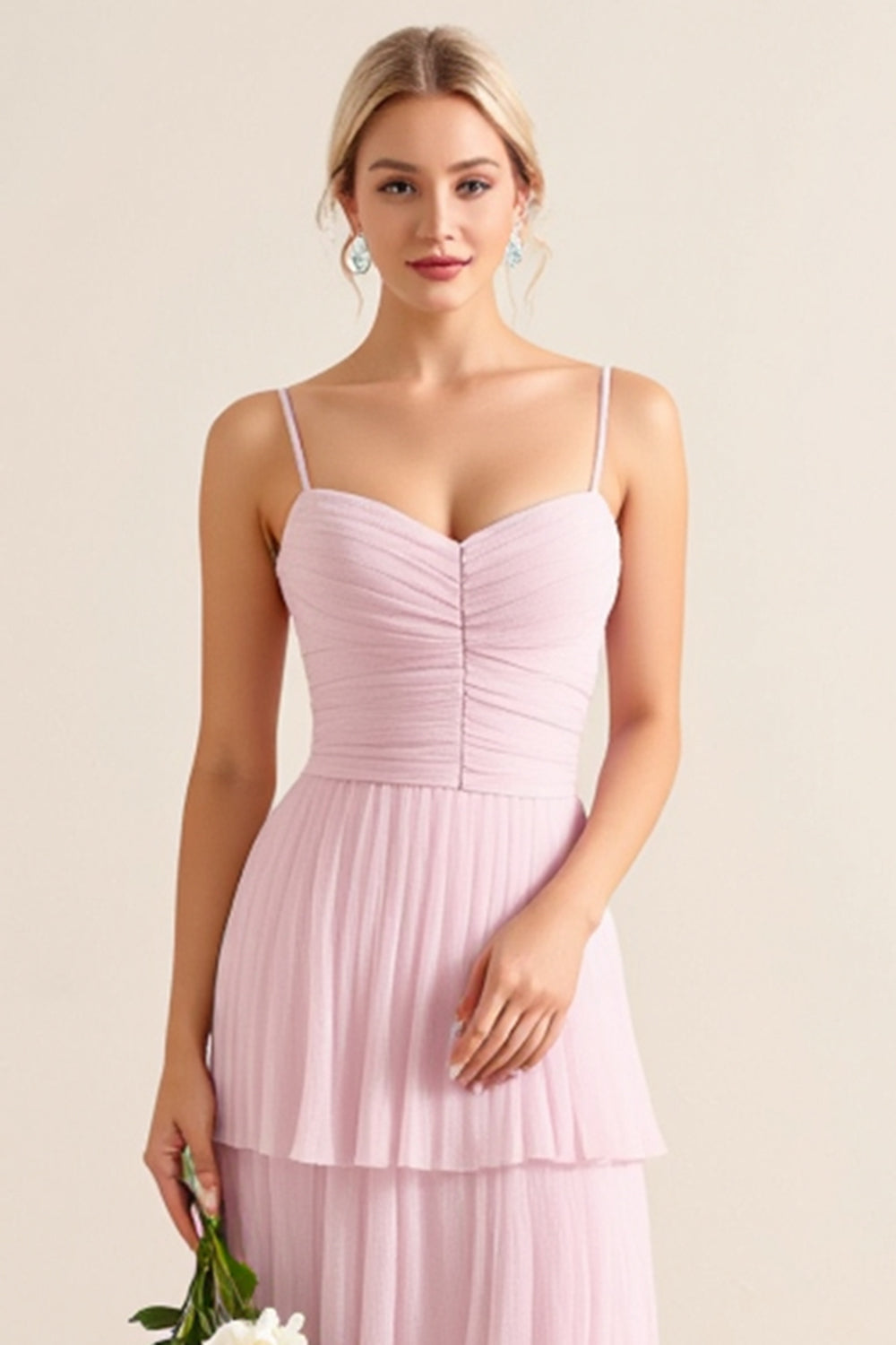 Candy Pink Spaghetti Straps A-Line Ruffled Long Bridesmaid Dress