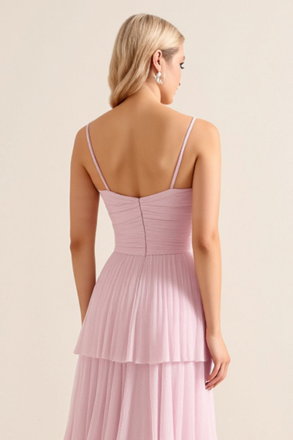 Candy Pink Spaghetti Straps A-Line Ruffled Long Bridesmaid Dress