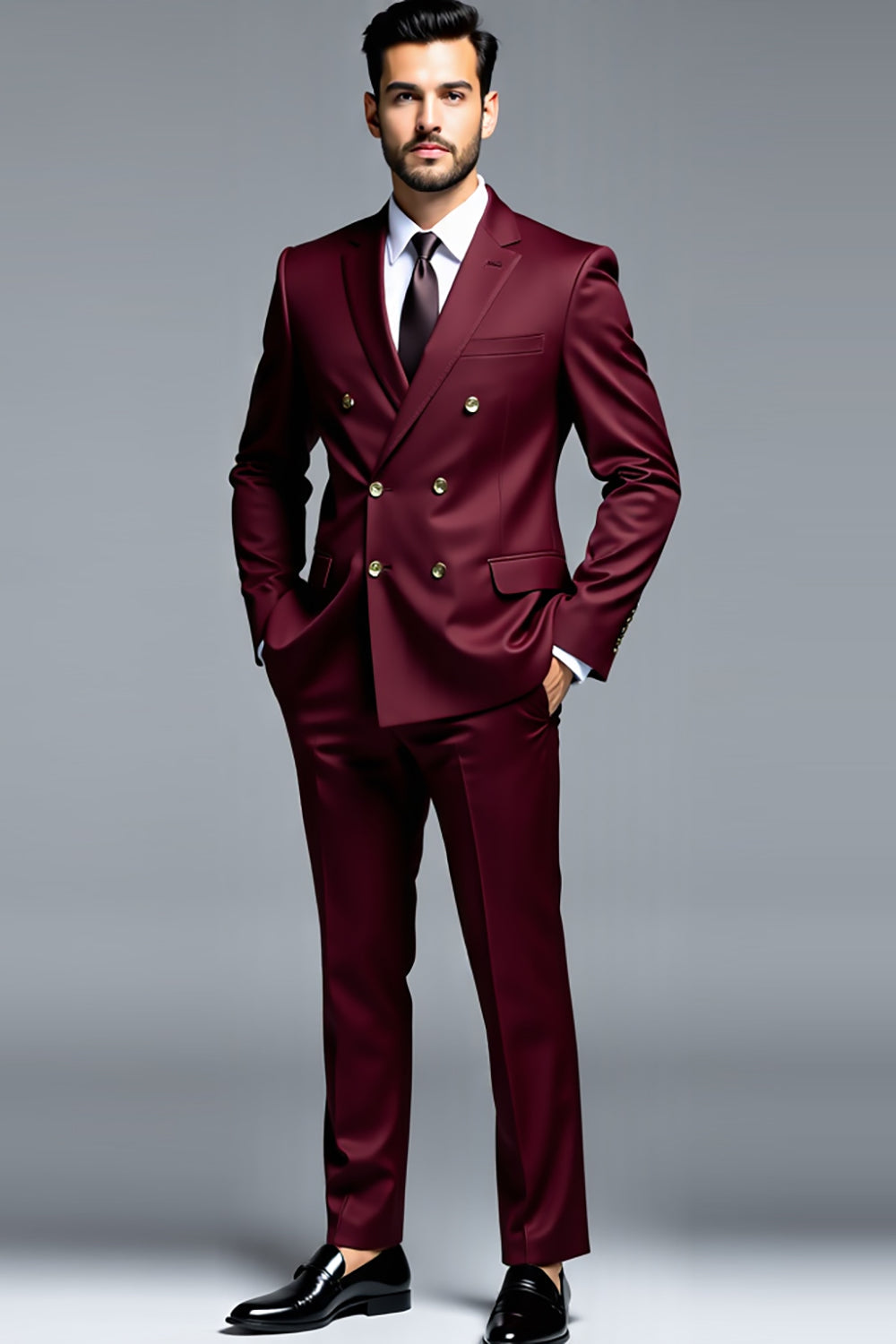 Costumes de bal pour hommes bordeaux à double boutonnage et revers crantés