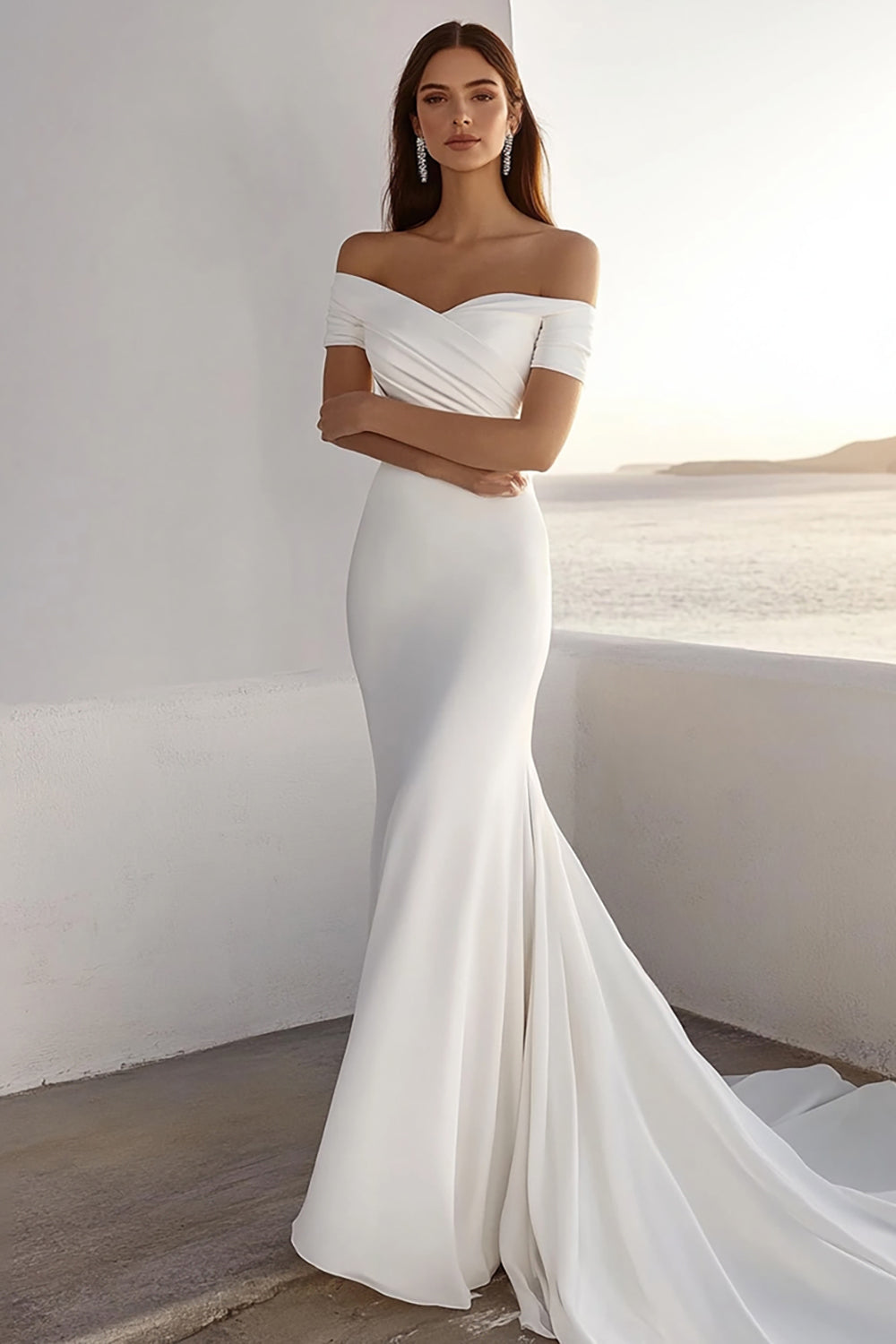 Ivory Mermaid Off-the-Shoulder Ruched Chiffon Long Bridal Dress