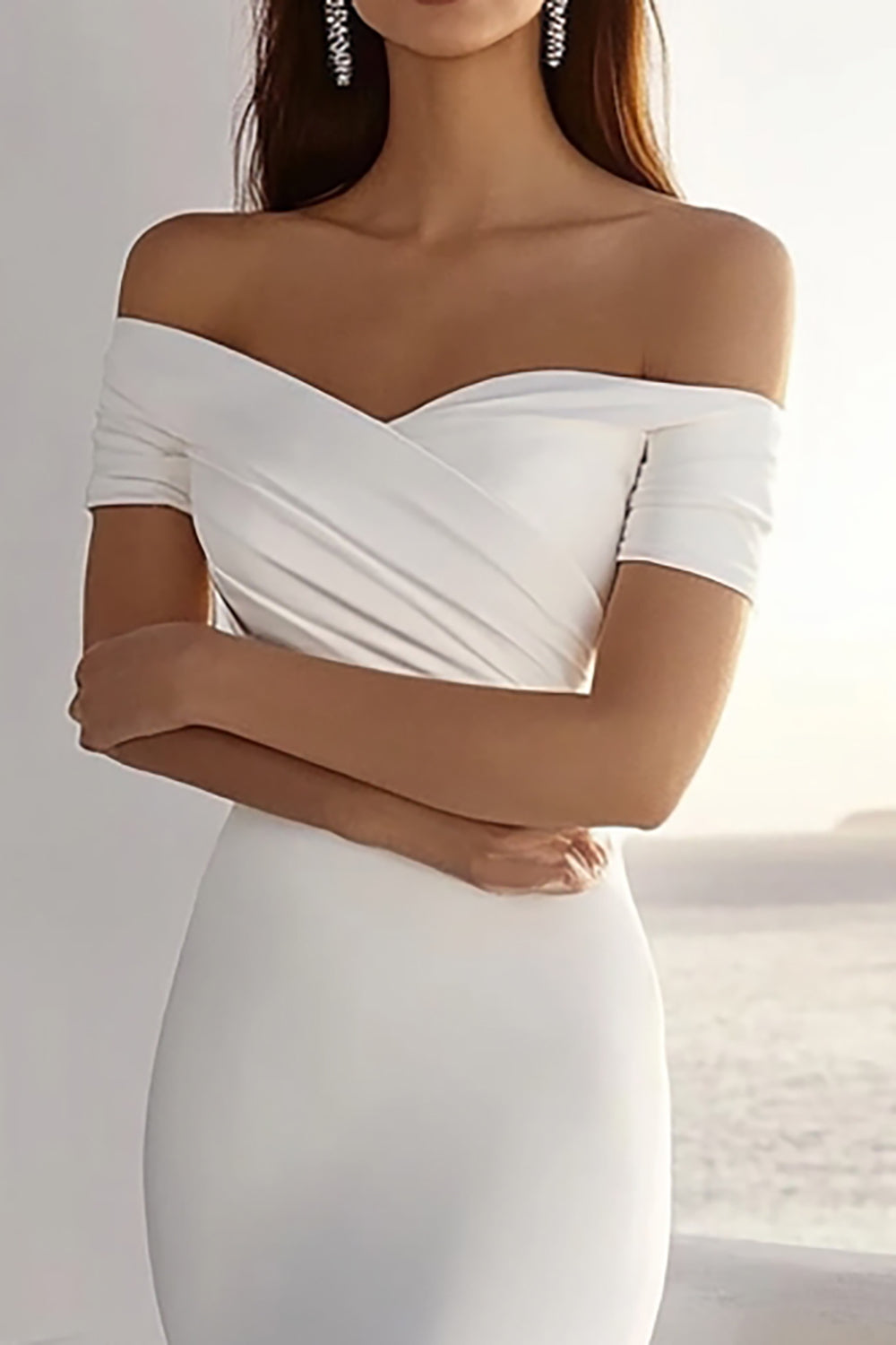 Ivory Mermaid Off-the-Shoulder Ruched Chiffon Long Bridal Dress