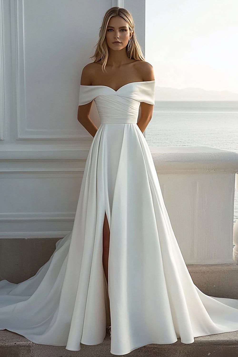 Robe de mariée bustier en satin ivoire avec fente, coupe trapèze