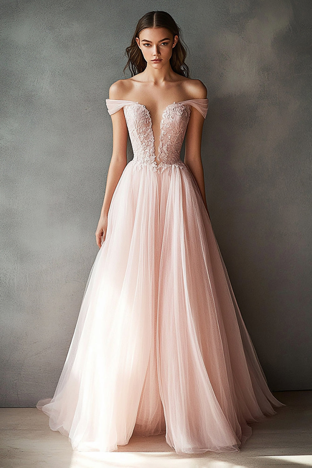 Robe de bal rose en tulle longue, épaules dénudées et dentelle