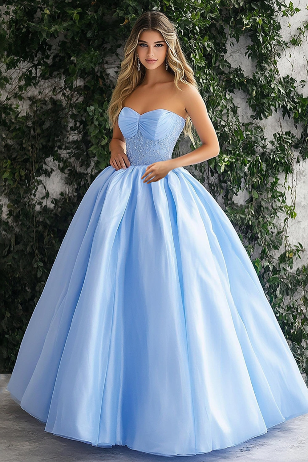 Glitter Sky Blue A-Line Strapless Organza Ball Gown with Lace