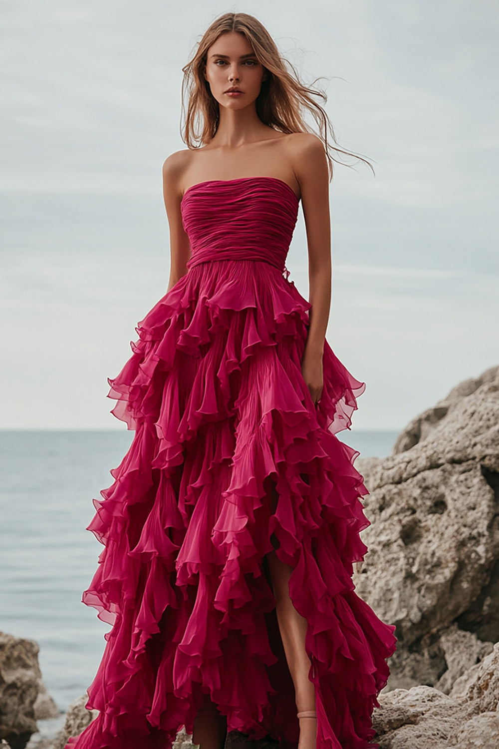 Fuchsia Ruffle A Line Strapless Long Formal Dress with Slit