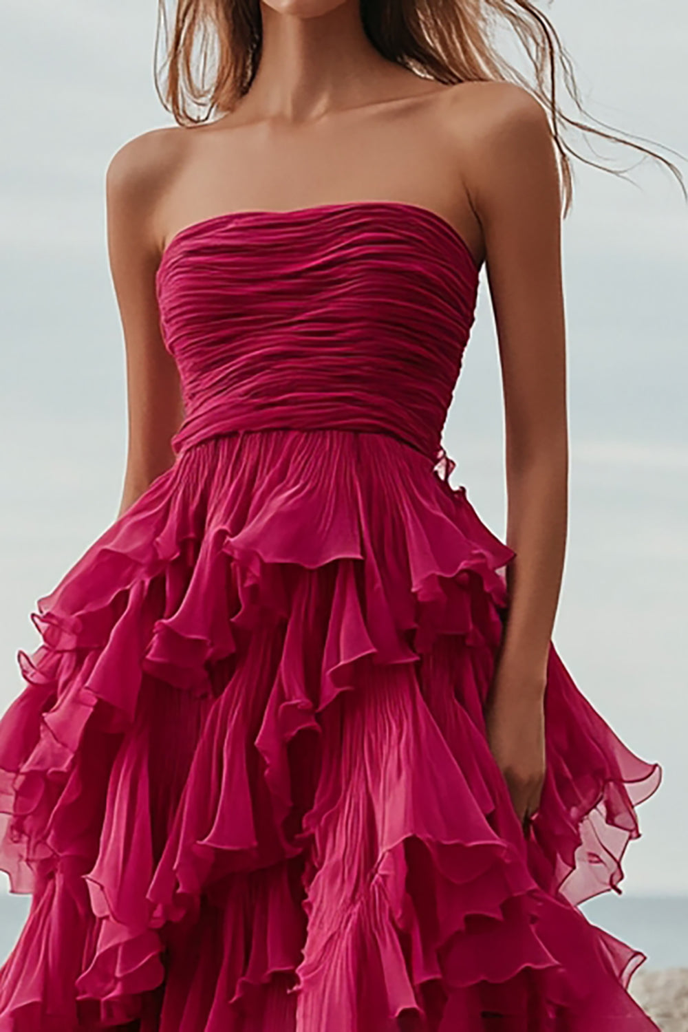 Fuchsia Ruffle A Line Strapless Long Formal Dress with Slit