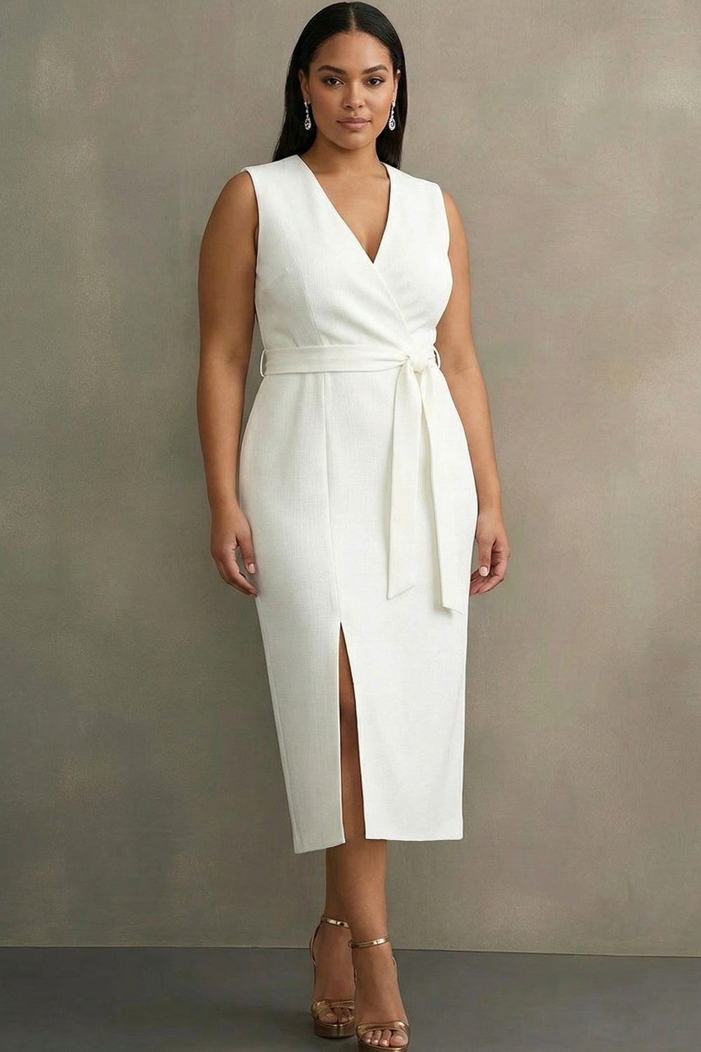 White Midi Sheath Satin V-Neck Formal Dress with Slit