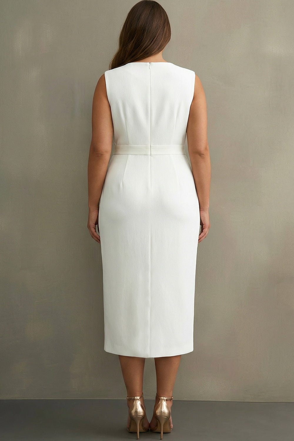 White Midi Sheath Satin V-Neck Formal Dress with Slit