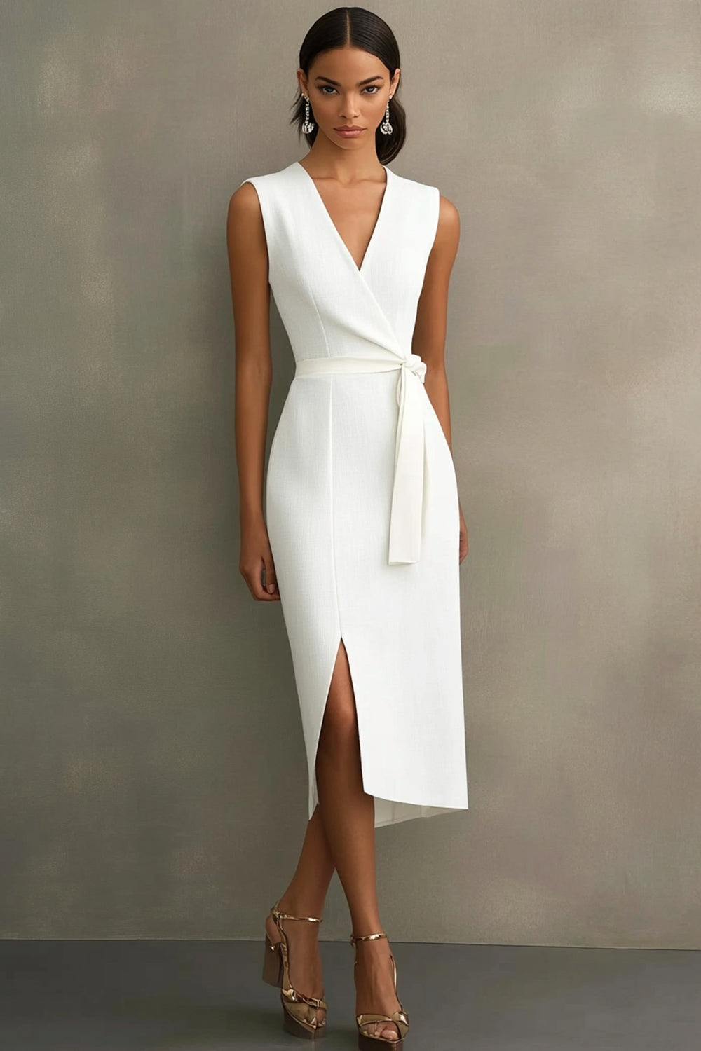 Fourreau en satin blanc avec décolleté en V et ceinture, longueur midi, robe de soirée
