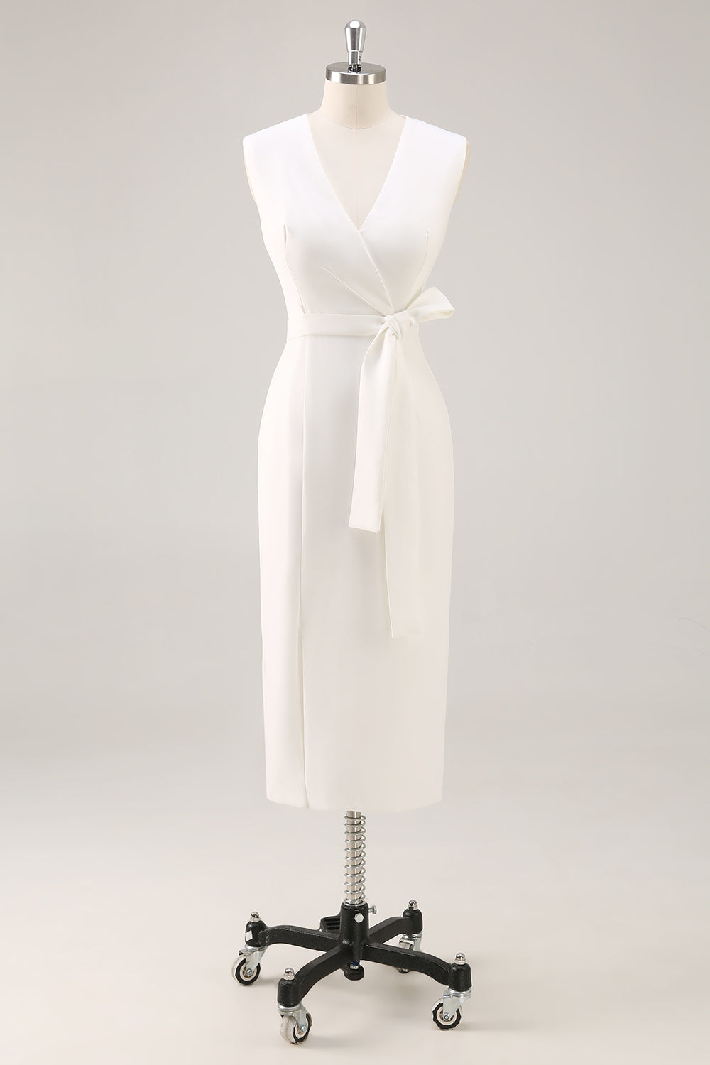 White Midi Sheath Satin V-Neck Formal Dress with Slit