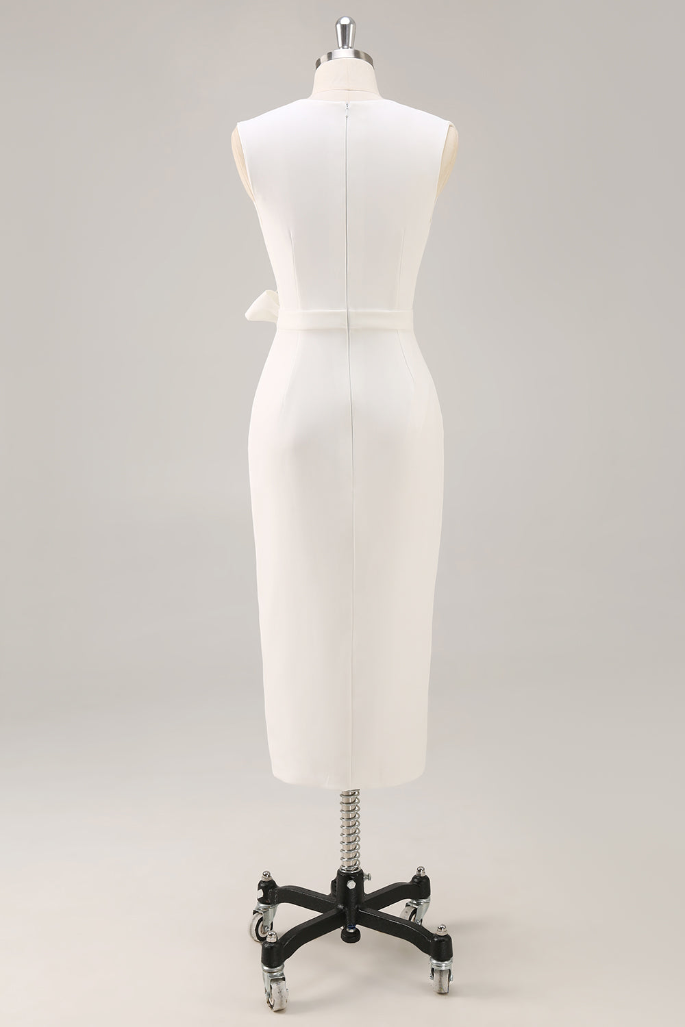 White Midi Sheath Satin V-Neck Formal Dress with Slit