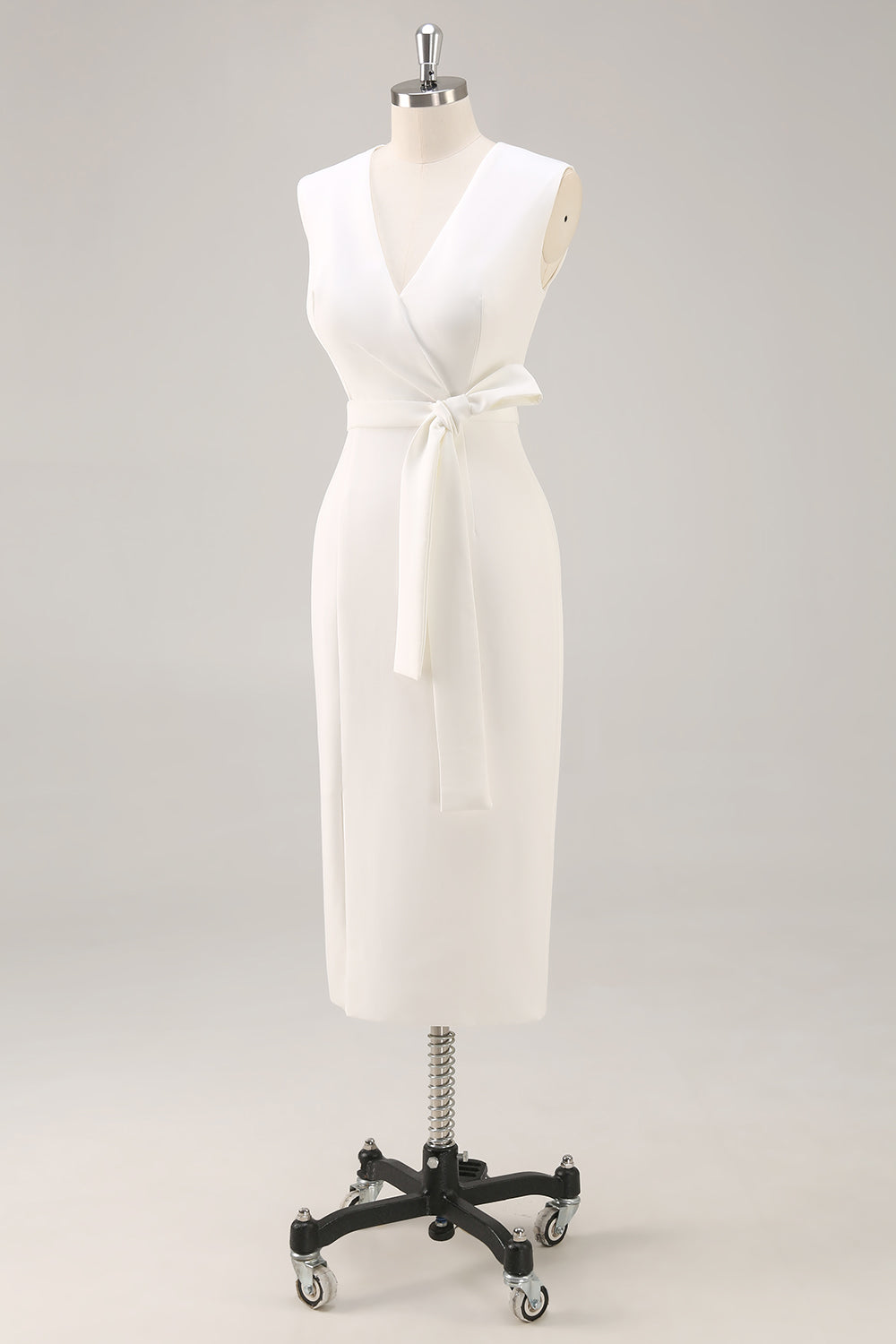 White Midi Sheath Satin V-Neck Formal Dress with Slit