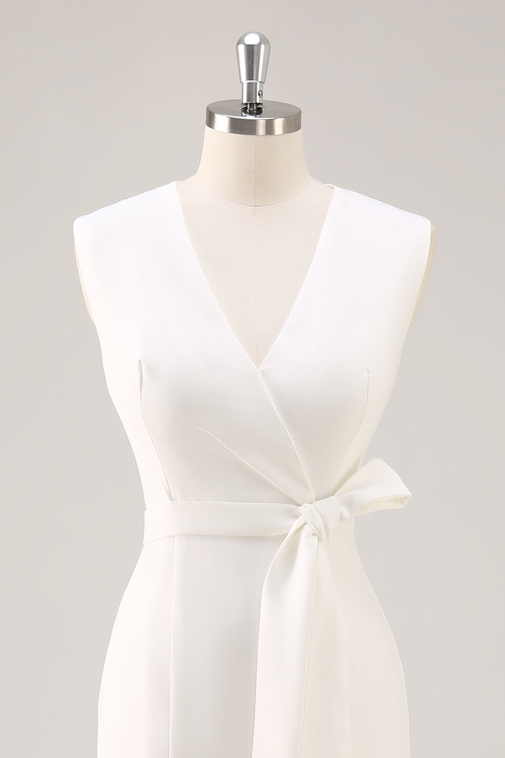 White Midi Sheath Satin V-Neck Formal Dress with Slit