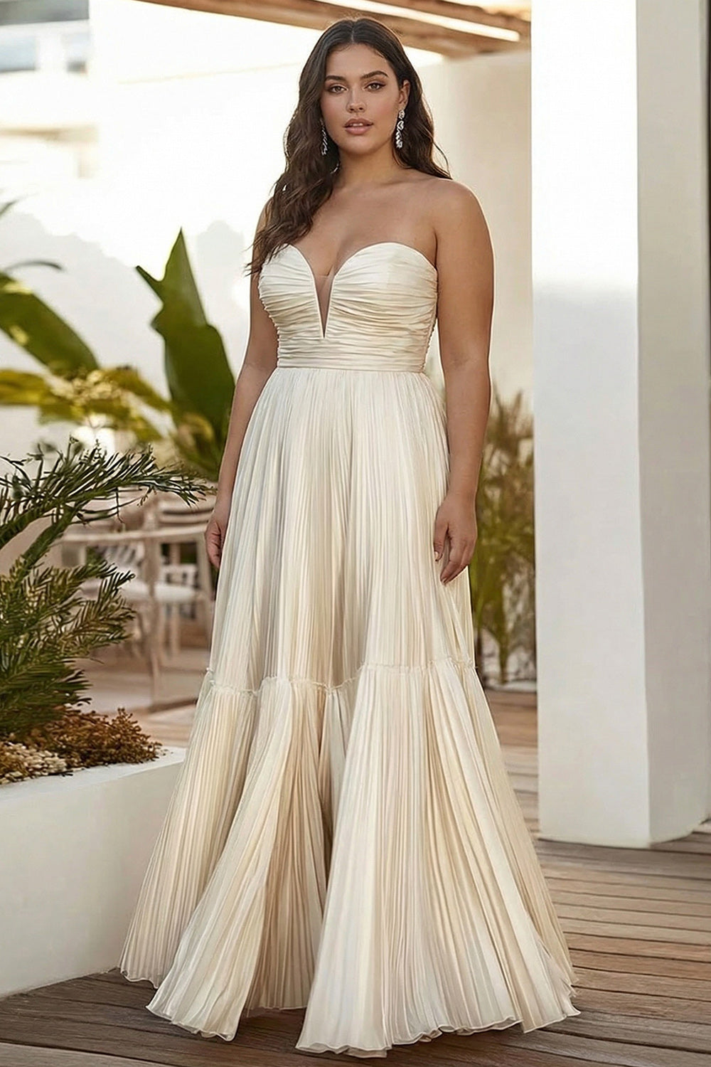 Champagne Pleated Strapless A-Line Long Plus Size Wedding Guest Dress