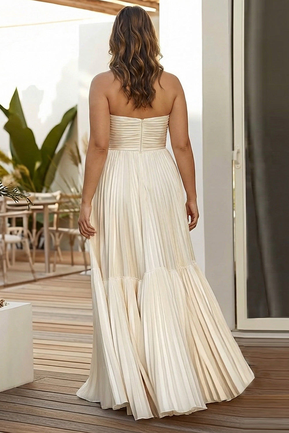 Champagne Pleated Strapless A-Line Long Plus Size Wedding Guest Dress