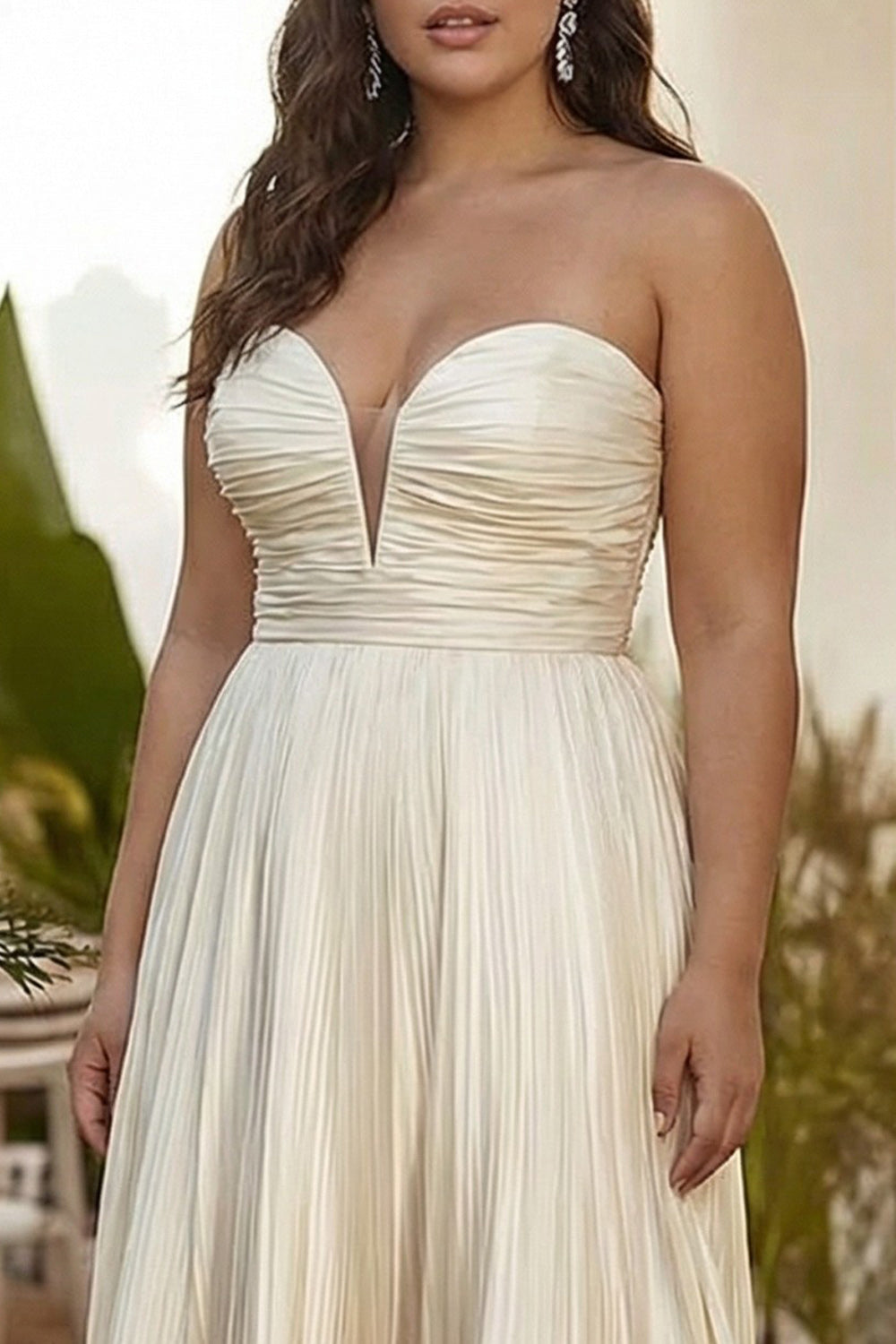 Champagne Pleated Strapless A-Line Long Plus Size Wedding Guest Dress