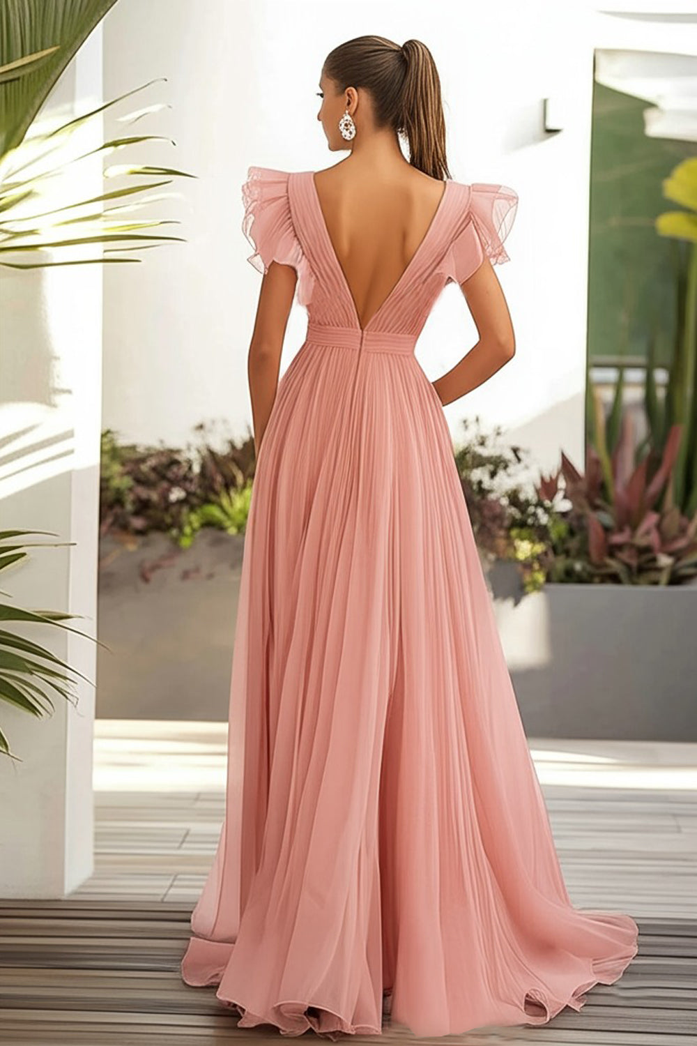 Pink A-Line Ruffles V-Neck Long Wedding Guest Dress