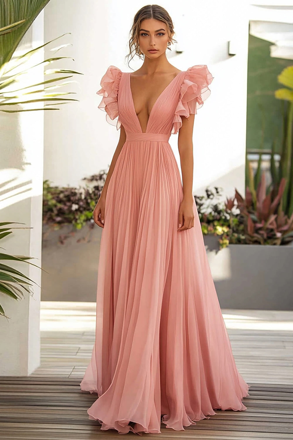 Pink A-Line Ruffles V-Neck Long Wedding Guest Dress