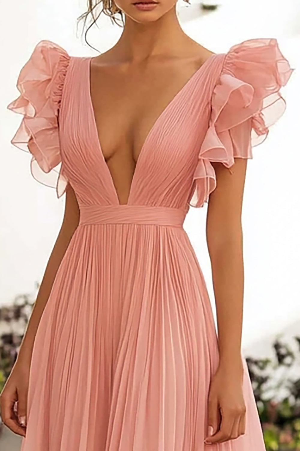 Pink A-Line Ruffles V-Neck Long Wedding Guest Dress