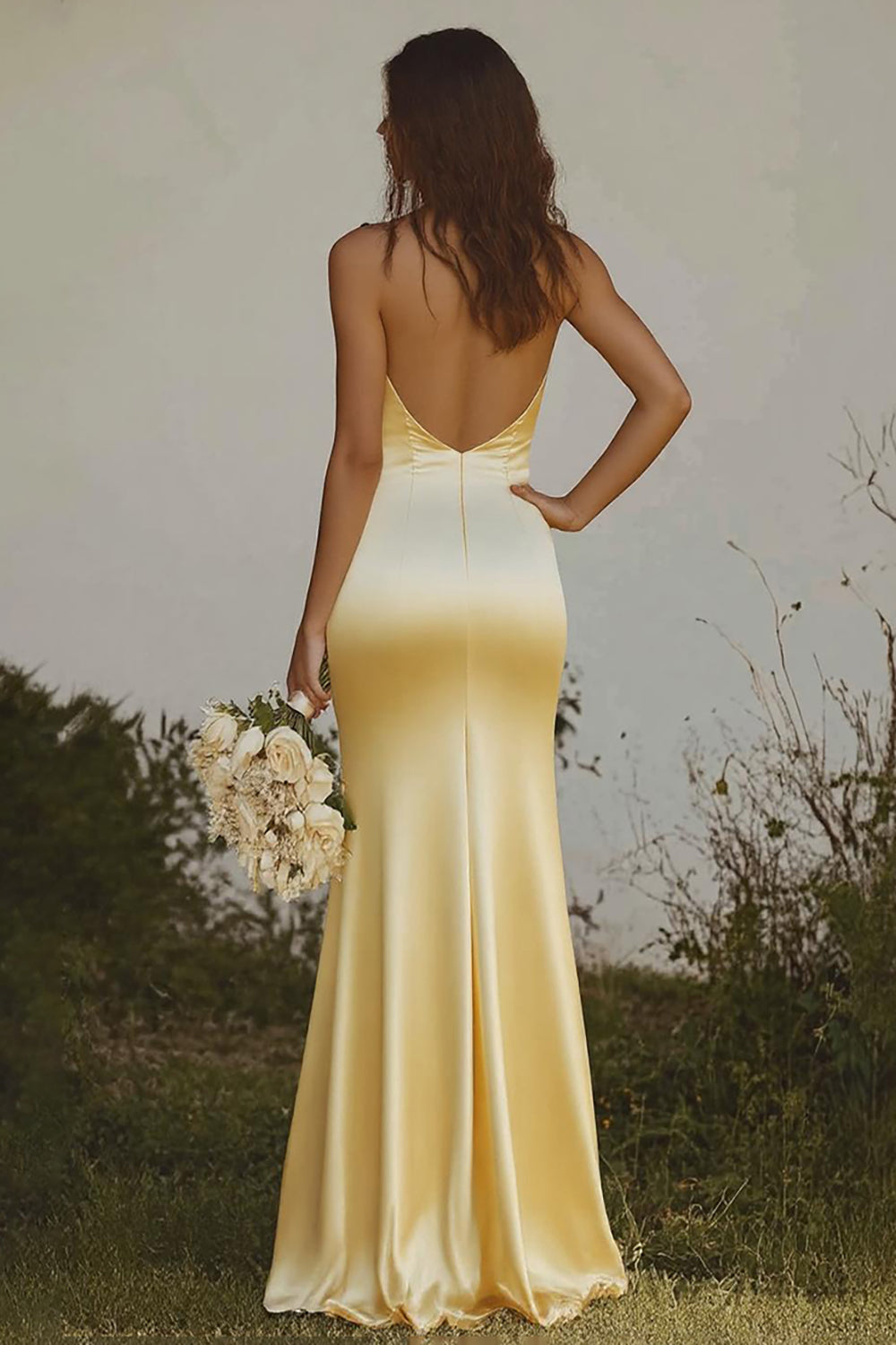 Light Yellow Halter Mermaid Satin Bridesmaid Dress