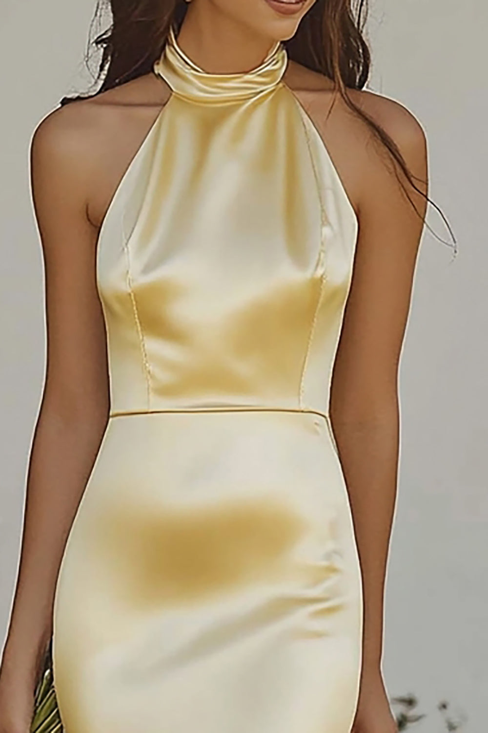 Light Yellow Halter Mermaid Satin Bridesmaid Dress
