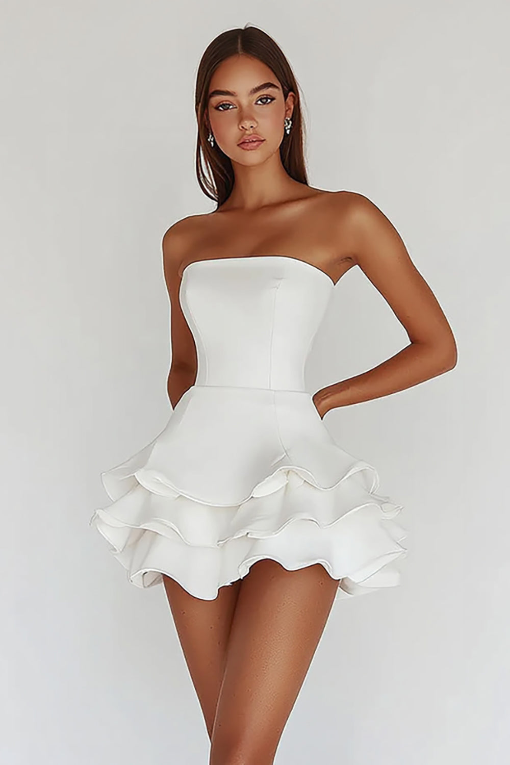 White Strapless A-Line Tiered Matte Satin Graduation Dress