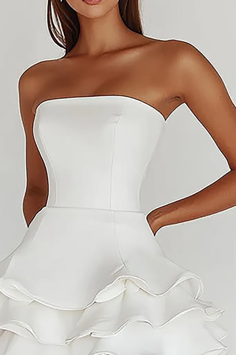 White Strapless A-Line Tiered Matte Satin Graduation Dress