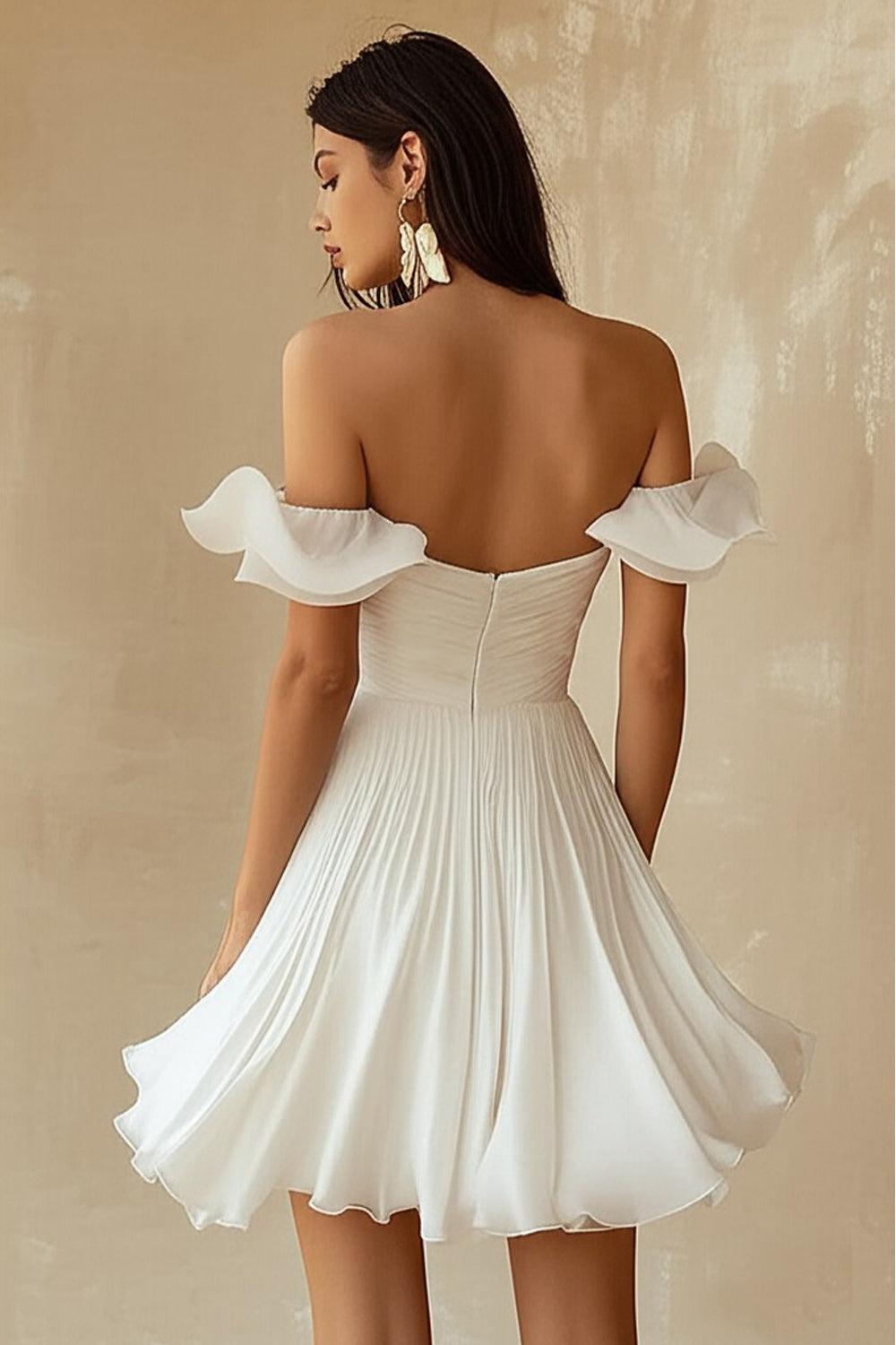 A-Line Ruffled Off-the-Shoulder Pleated White Graduation Dress