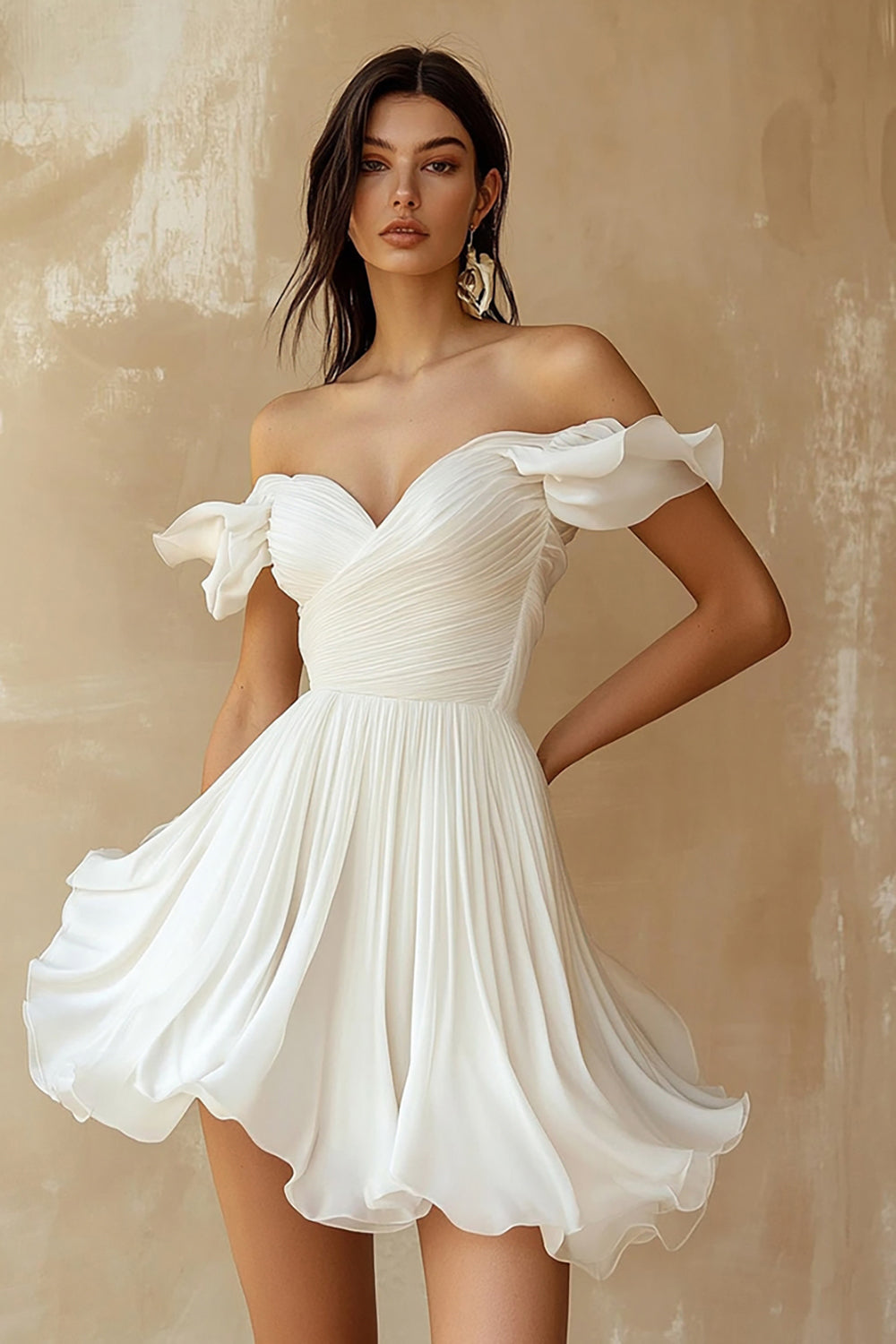 A-Line Ruffled Off-the-Shoulder Pleated White Graduation Dress