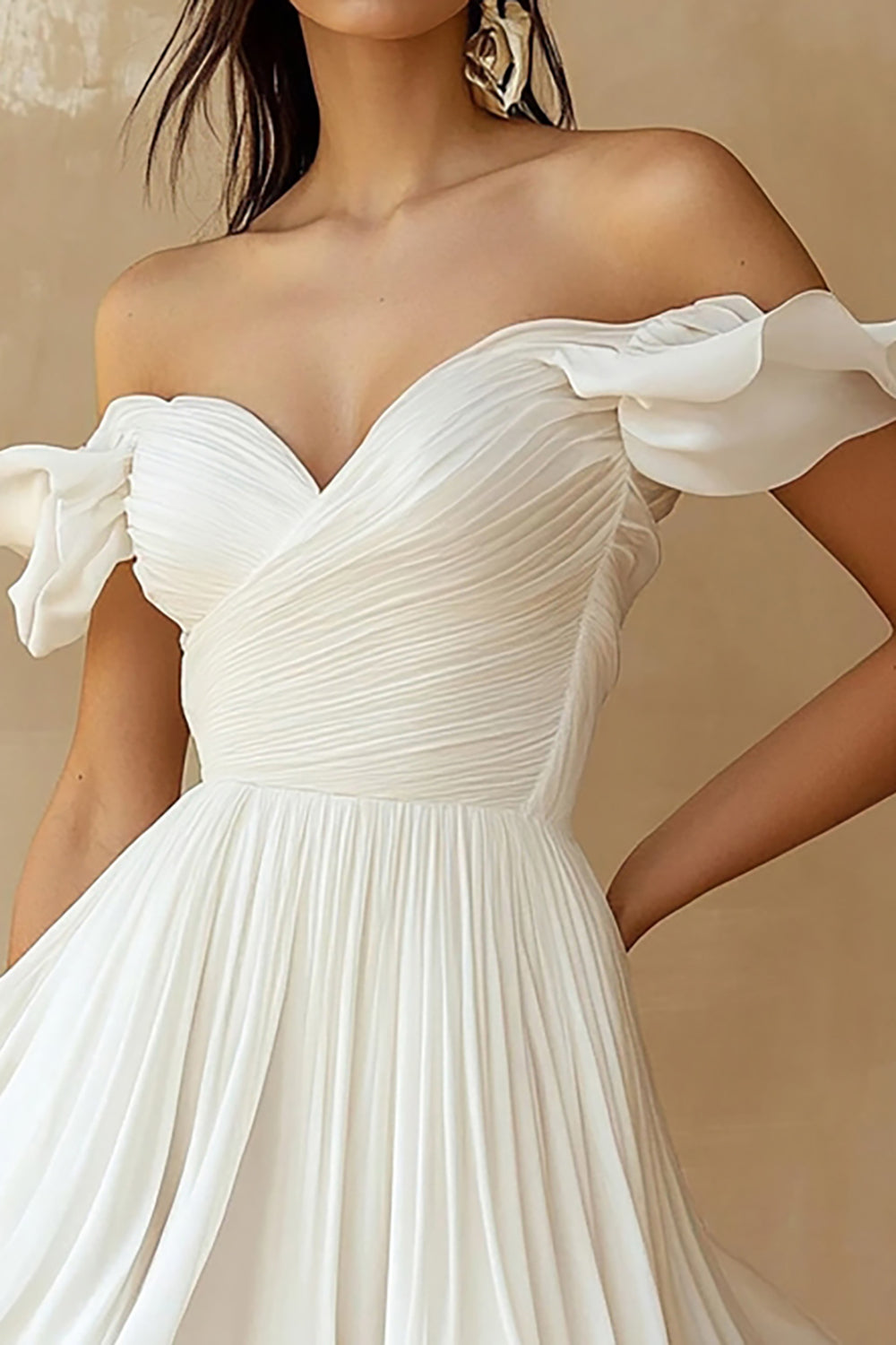 A-Line Ruffled Off-the-Shoulder Pleated White Graduation Dress