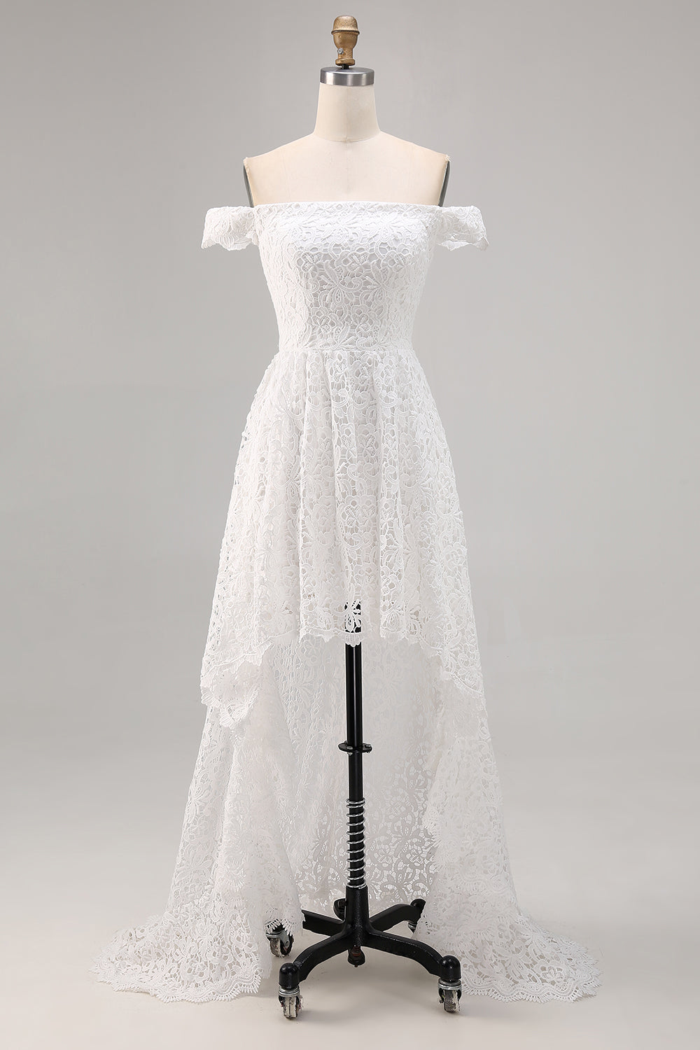 Off the Shoulder Lace High-Low White Boho Wedding Dress