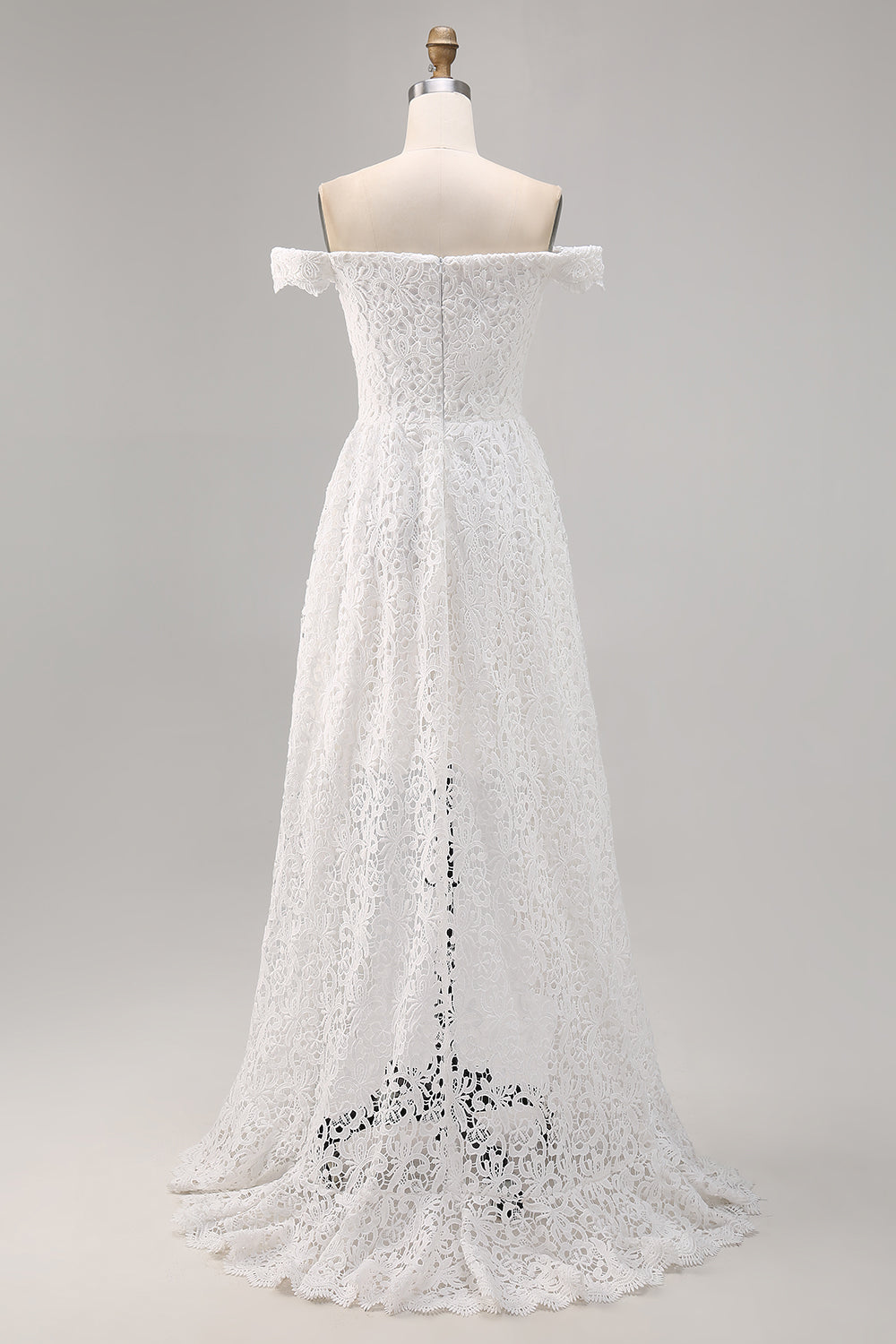 Off the Shoulder Lace High-Low White Boho Wedding Dress
