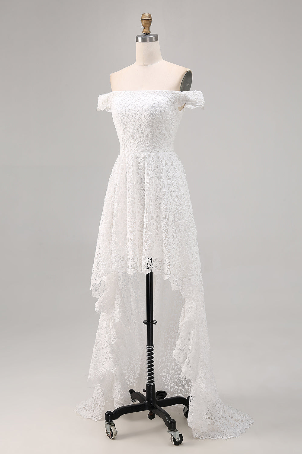 Off the Shoulder Lace High-Low White Boho Wedding Dress