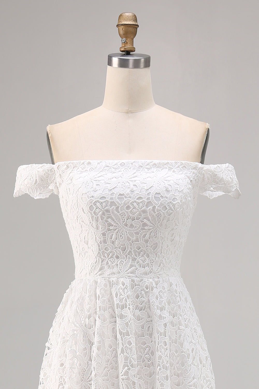 Off the Shoulder Lace High-Low White Boho Wedding Dress