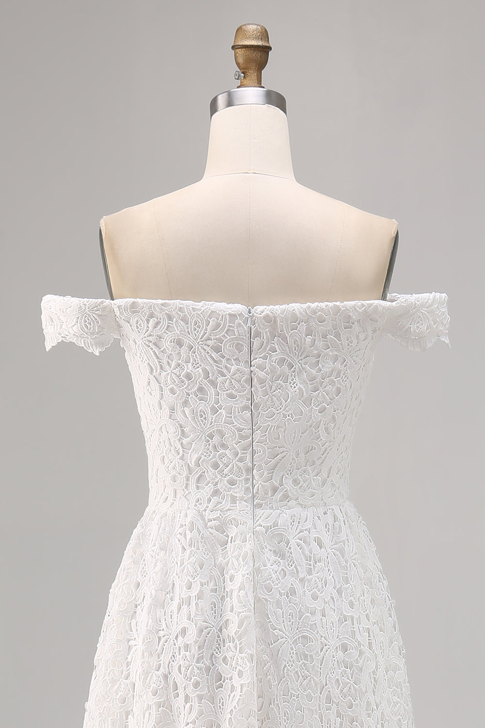 Off the Shoulder Lace High-Low White Boho Wedding Dress