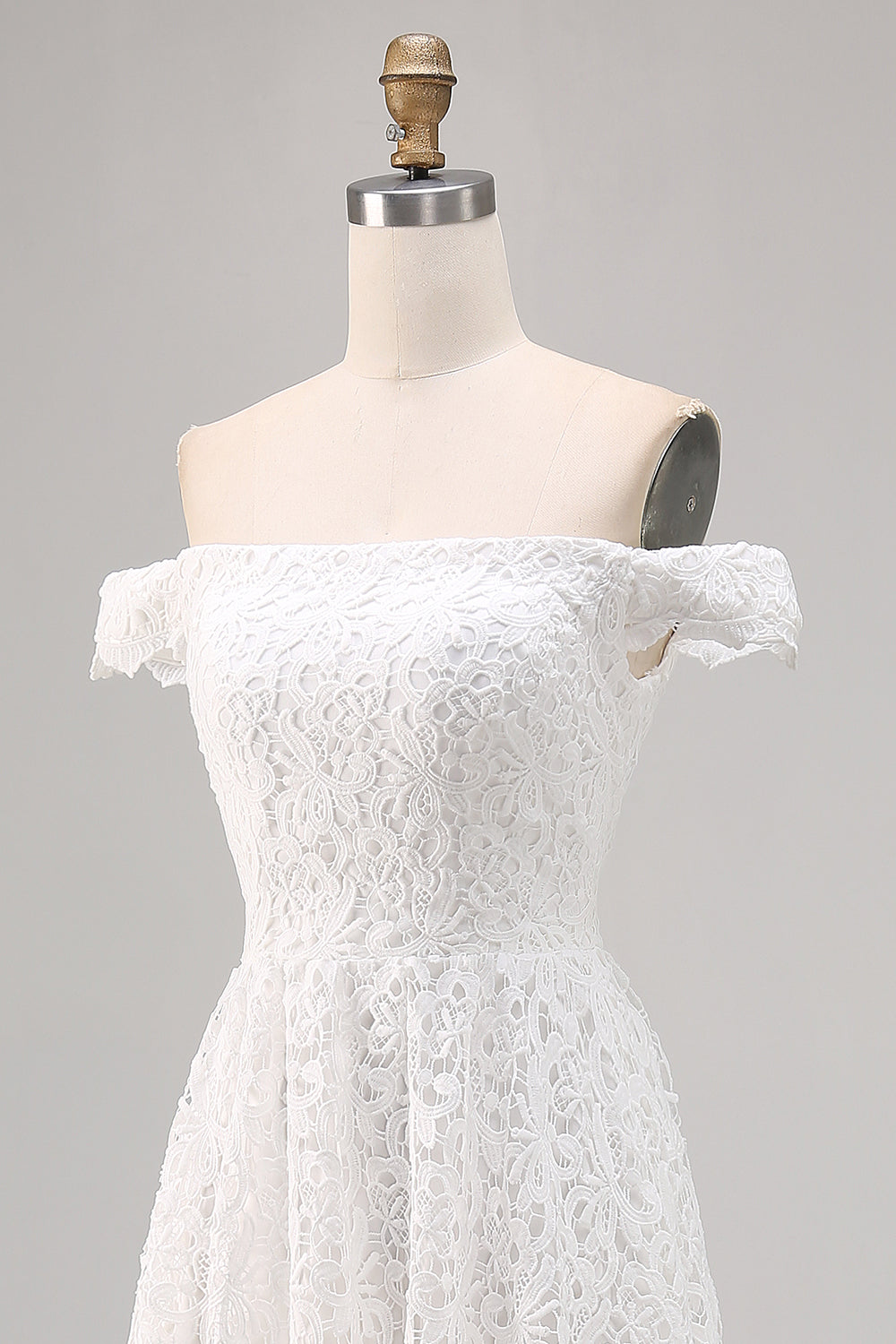 Off the Shoulder Lace High-Low White Boho Wedding Dress