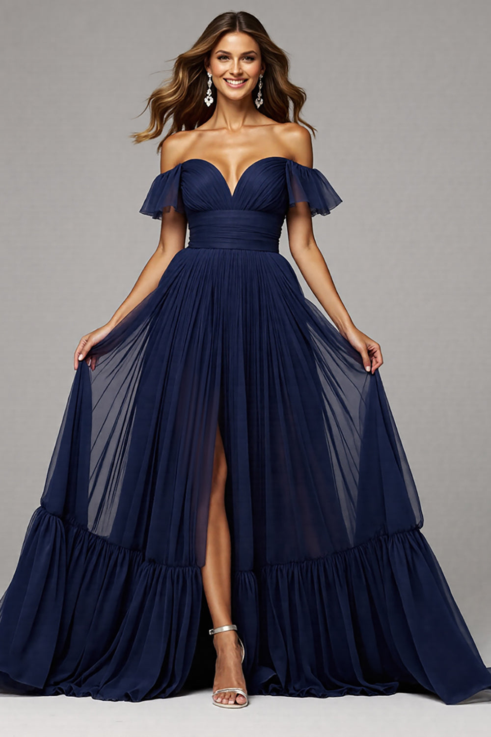 Off-the-Shoulder A-Line Long Navy Prom Dress with Slit