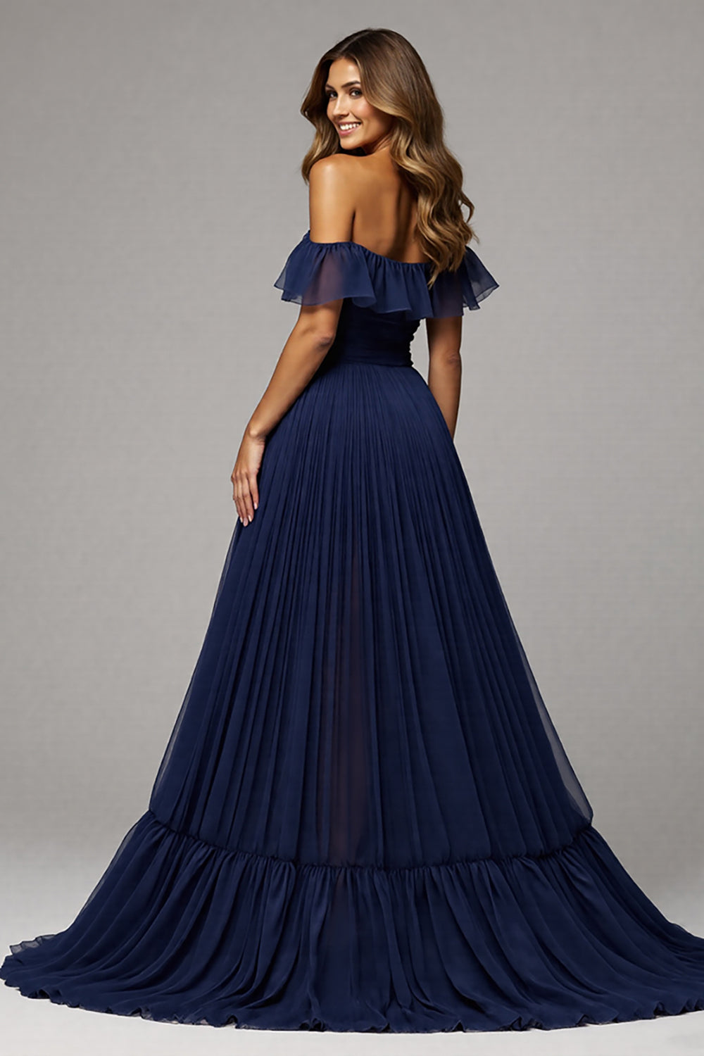 Off-the-Shoulder A-Line Long Navy Prom Dress with Slit