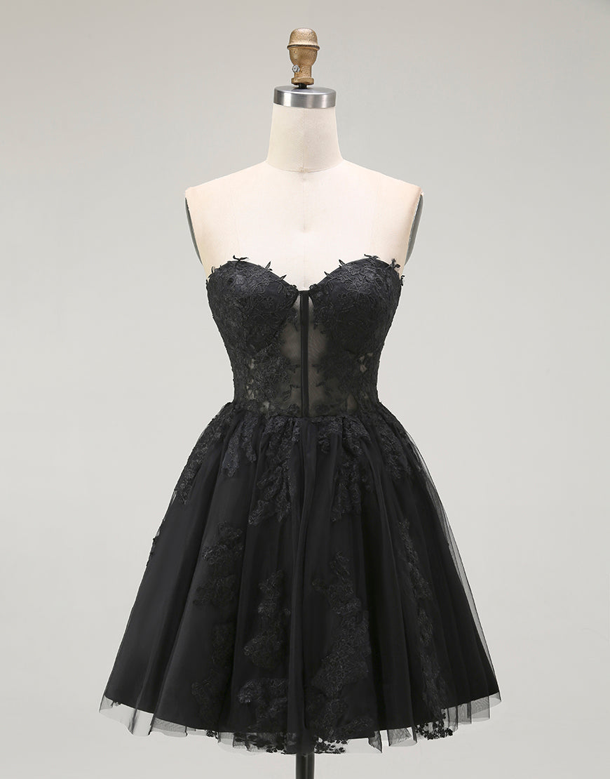 A-Line Black Appliqued Sweetheart Short Prom Dress